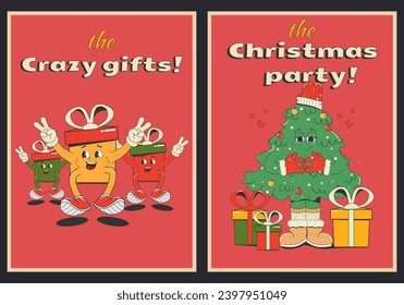 set of vintage New Year and Christmas cards, posters, prints, stickers. Funny cartoon characters: gift boxes, a Christmas tree in a winter hat and ugg boots.Vector illustration,retro style 50s-60s