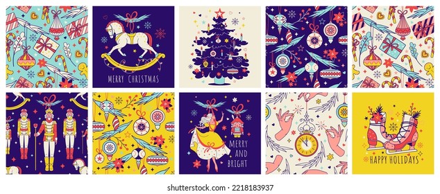 Set of Vintage Noel Christmas seamless patterns, prints, posters and stickers with greeting slogans. Graphic Collection of square illustrations: nutcracker, ballerina, solder, rocking horse, christmas