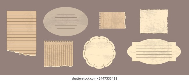 Conjunto de hojas de cuaderno vintage en estilo de dibujos animados. Ilustración vectorial de hermosas hojas vintage en una fila y en blanco de diferentes Formas aisladas sobre un fondo gris-marrón. Hojas para registros.