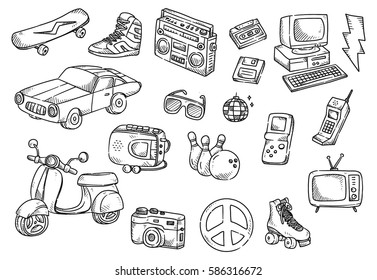 Set of vintage object doodle isolated on white background