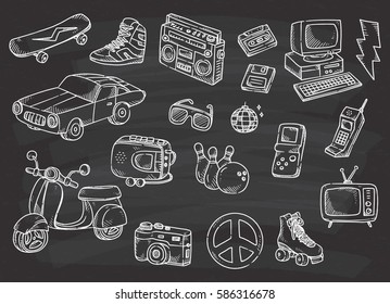 Set of vintage object doodle on chalkboard background 