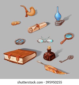 set of vintage objects: book, clock, kerosene lamp, compass, ancient coins, glasses, pen, ink, tube, wrench, scroll. Hand-drawn icons, colored sketches