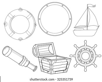 set of vintage objects of marine motive