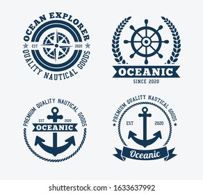 Set of vintage oceanic badges and labels. Grouped for easy editing. On white background