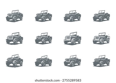 set of vintage off-road car illustrations in different positions