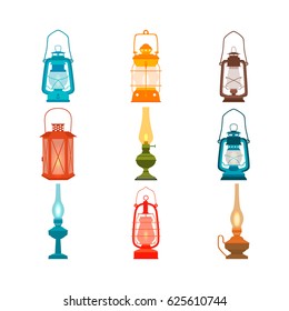 Set of vintage oil lamps. Vector illustration.