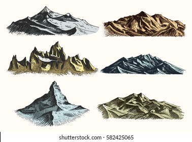 set of vintage, old engraving with mountains peaks in hand drawh sketch style different versions and colors.
