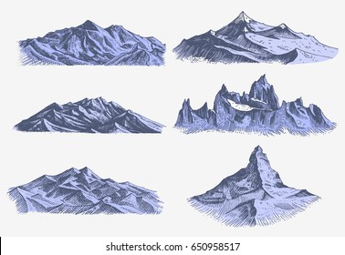 set of vintage, old engraving with mountains peaks in hand drawh sketch style different versions and colors