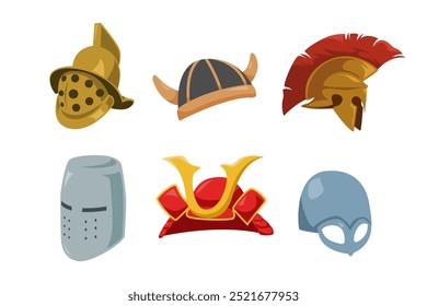 Conjunto de capacete velho vintage com estilo de desenho animado plano. Gladiador, viking, sparta, cavaleiro, capacete de kabuto. Ilustração vetorial.