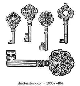 Set Of Vintage Old Key. Engraving Retro Illustration. Isolated Object.