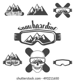 Set of vintage old school snowboarding labels, logos, badges and design elements isolated on white background.Vector illustration