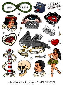 Set of vintage old school Tattoo. Characters Playing Cards, Hawaiian hula dancer woman, lips and lighthouse, panther, dice and snake. Engraved hand drawn sketch. Badges, print or patches for t-shirt. 