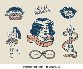 Set of vintage old school Tattoo. Characters Playing Cards, Hawaiian hula dancer woman, lips and lighthouse, panther, dice and snake. Engraved hand drawn sketch. Badges, print or patches for t-shirt. 