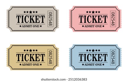 A set of vintage old ticket icons. Retro ticket design template. Tickets for cinema, movie, circus, carnival, film, festival, etc. Vector illustration.