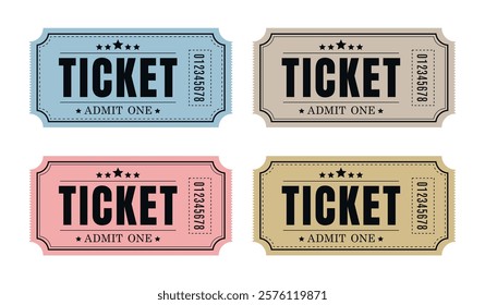 A set of vintage old ticket icons. Retro ticket design template. Tickets for cinema, movie, circus, carnival, film, festival, etc. Vector illustration.