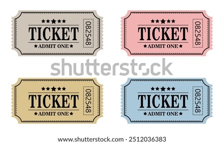 A set of vintage old ticket icons. Retro ticket design template. Tickets for cinema, movie, circus, carnival, film, festival, etc. Vector illustration.