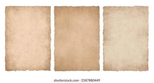 Set of vintage old torn paper textures. Antique worn tattered torn parchment background. Blank page of old ancient book	