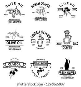 Set of vintage olive oil labels. Design element for logo, label, sign, badge, poster. Vector illustration