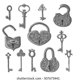 Set of vintage open and close padlocks and retro keys for door. Collection of old antique lock with victorian decorative ornament. Vector illustration isolated on white background.