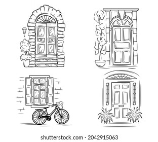 Set of vintage open doors. Collection of stylized interior entrance door. Linear Art.