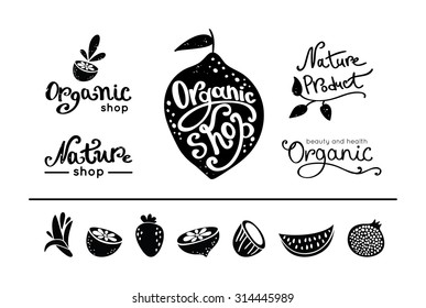 Set of vintage organic food logos and labels. Different silhouette fruits