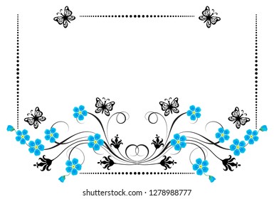 Set vintage ornament with forget me not flowers,  frame and decorative divider for greeting card, invitation postcard or congratulation text