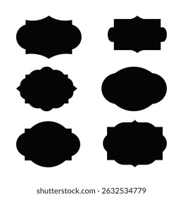 Set of vintage ornamental black silhouette label frames and decorative badge shapes on white background
