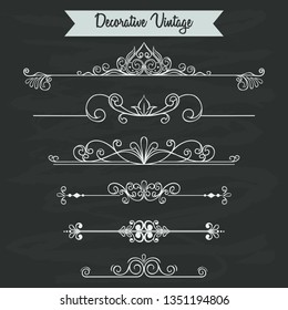 Set of vintage ornaments or vintage elements for invitation, wedding, congratulation and greeting card on chalk board background