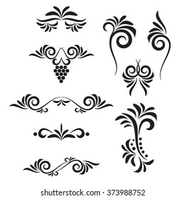 Set of vintage ornaments with floral elements for invitation, congratulation and greeting card. Vector