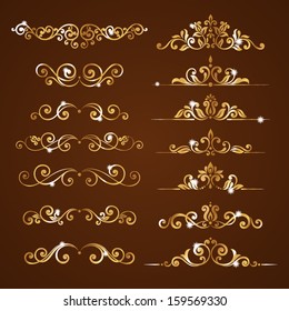 Set of vintage ornaments with gold floral elements for invitation, congratulation and greeting card