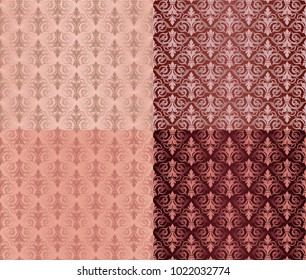Set of Vintage Ornaments Seamless Patterns with Flower Designs in Damascus Style claret background