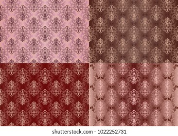 Set of Vintage Ornaments Seamless Patterns with Flower Designs in Damascus Style claret background vector illustration with an ornament