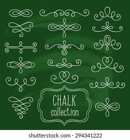 Set of vintage ornate chalk elements for invitation, congratulation and greeting card on green chalkboard