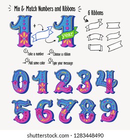 Set of vintage ornate circus style numbers and ribbon banners for text. Hand drawn decorative numerals for birthday invitations, announcement cards, prints, posters, wedding table cards and apparel.