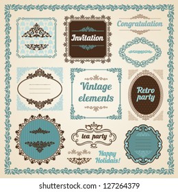 Set of vintage ornate frames with floral elements for invitation, congratulation and greeting card