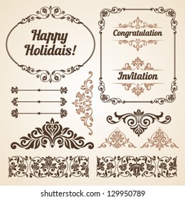 Set of vintage ornate frames with floral elements for invitation, congratulation and greeting card