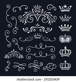Set of vintage ornate and graphic elements for invitation, congratulation, wedding and greeting card. Chalk collection
