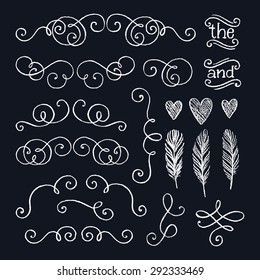 Set of vintage ornate and graphic elements for invitation, congratulation, wedding and greeting card. Chalk collection