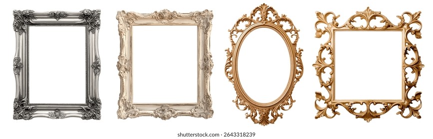 Set of vintage ornate picture frames in gold, silver, and ivory colors with intricate baroque and rococo design elements, isolated on white background for decorative use.