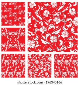 Set of Vintage ornate seamless patterns with white roses silhouettes on red background.  Ready to use as swatch