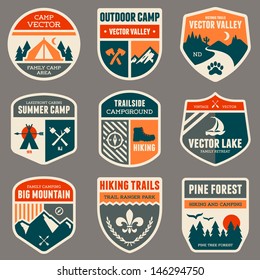 Set of vintage outdoor camp badges and logo emblems