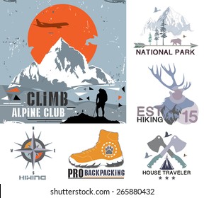 Set of vintage outdoor camp and the national park badges, logo and design elements. Vintage print, mountain travel Style. Typography vector Elements.
