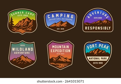 Set of vintage outdoor camping badges featuring various vector. Adventure retro stickers.