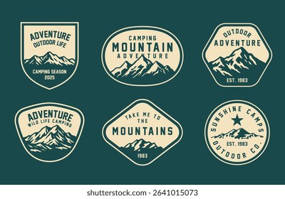 Set of vintage outdoor camping badges featuring various vector. Adventure retro stickers.