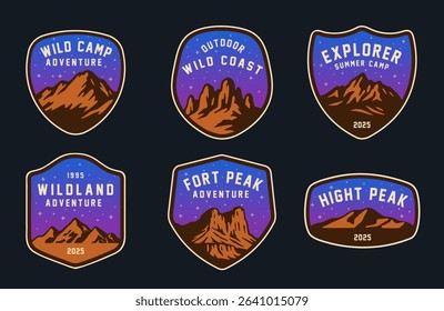 Set of vintage outdoor camping badges featuring various vector. Adventure retro stickers.