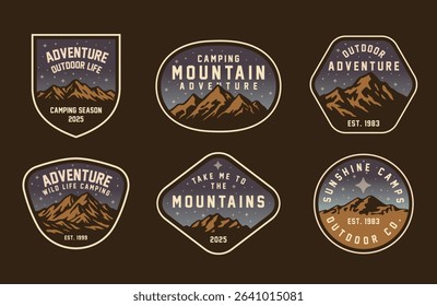 Set of vintage outdoor camping badges featuring various vector. Adventure retro stickers.