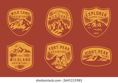 Set of vintage outdoor camping badges featuring various vector. Vintage print Adventure retro badge for t-shirt, poster or geographic theme. 