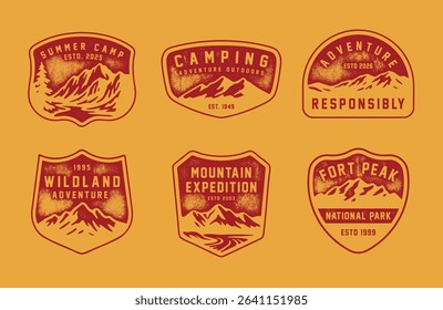 Set of vintage outdoor camping badges featuring various vector. Vintage print Adventure retro badge for t-shirt, poster or geographic theme. 