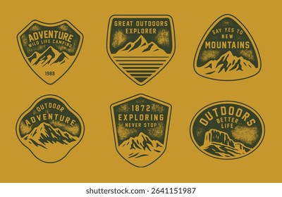 Set of vintage outdoor camping badges featuring various vector. Vintage print Adventure retro badge for t-shirt, poster or geographic theme. 