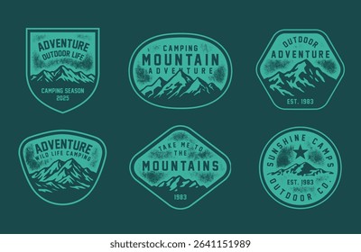 Set of vintage outdoor camping badges featuring various vector. Vintage print Adventure retro badge for t-shirt, poster or geographic theme. 
